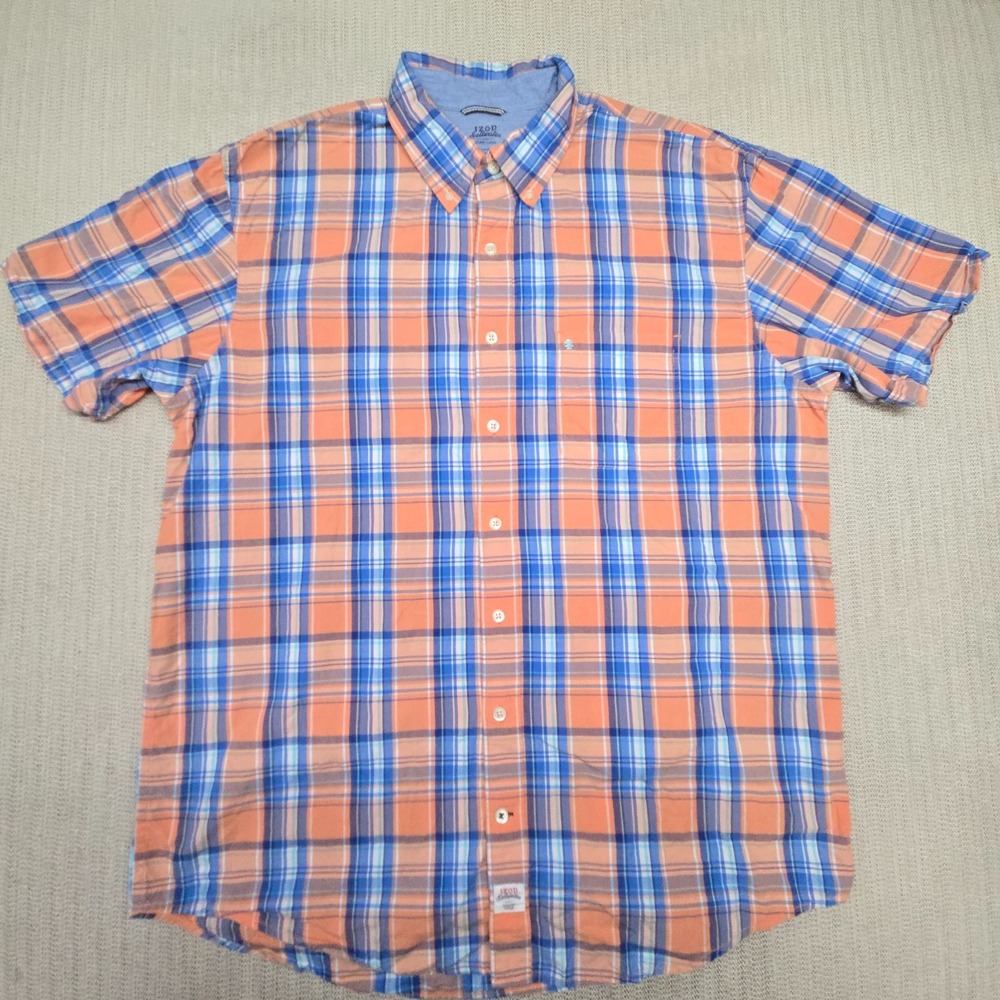 IZOD Saltwater Shirt Mens XLT Tall Orange Blue Plaid Button Up Down Short Sleeve